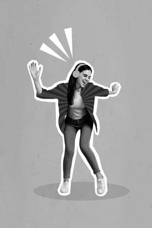 Collage photo designed promo artwork new headphones advertisement youngster girl dancing listen best quality sound isolated on blue backgroundの写真素材