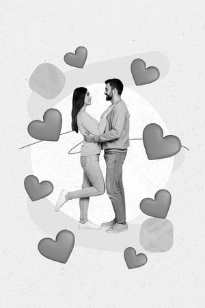 Vertical collage picture of two cheerful people embrace look each other isolated on creative hearts backgroundの写真素材