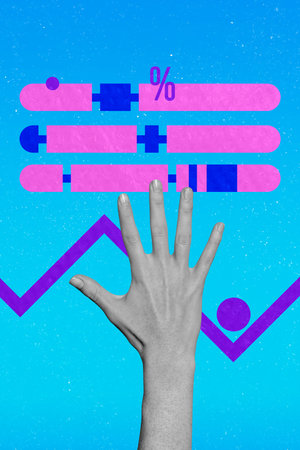 Poster image vertical photo collage of hand show analytic graph development percentage accumulator...