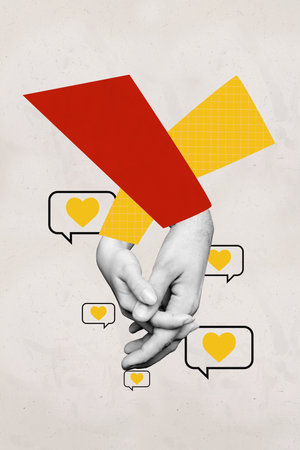 Vertical collage poster hands hold each other lovers couple relationship textbox message notification blogging like feedback sympathyの写真素材