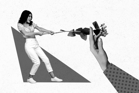 Composite collage picture of little black white gamma girl pull flower big arm fingers hold isolated on drawing backgroundの写真素材