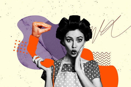 Photo collage template trend artwork composite of portrait young lady shocked curls eye staring hand hod landline phone talk news gossipの写真素材