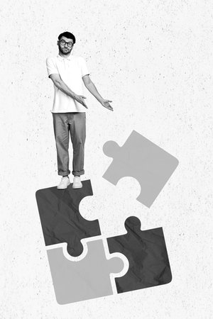 Composite collage photo of young funny student guy stay blue yellow puzzle stop after occupation ukraine piece war isolated on blue backgroundの写真素材