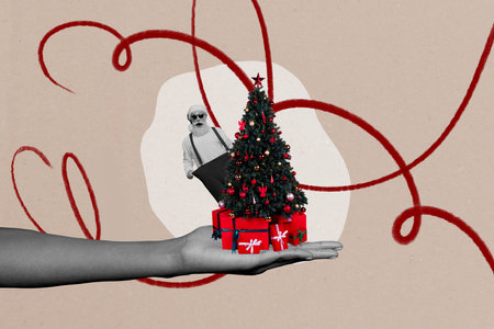 Composite sketch design trend collage of huge hand hold decor tree present box santa claus man wow happy newyear winter christmas holidayの写真素材
