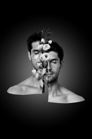 Template collage of masculine young guy apply new shaving lotion with garden flowers extract on...
