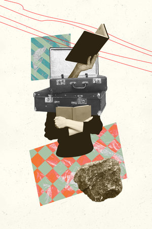 Vertical sketch 3d artwork collage poster of anonym girl hold book education concept instead head stack valise peek hand bookwormの写真素材