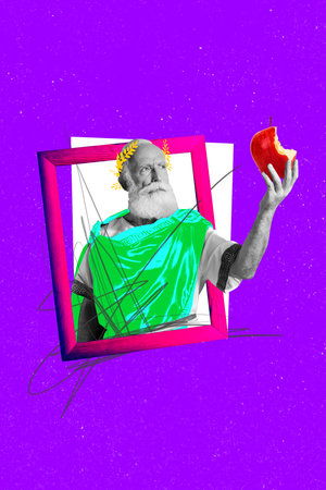 Exclusive image vertical photo collage of serious old julius caesar hold bitten apple fruit detox nutrition peek picture frameの写真素材