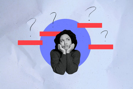 Composite artwork 3D photo collage trend template of young lady grimace face question sign think recruitment workspace human resourcesの写真素材