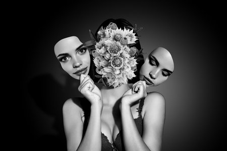 Creative beauty collage of mystic lady witch changing face mask hide true floral princess personalityの写真素材