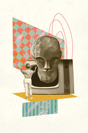 Vertical sketch 3d collage poster of anonym girl stand back look television analog channel peek sculpture dummy fake news propagandaの写真素材