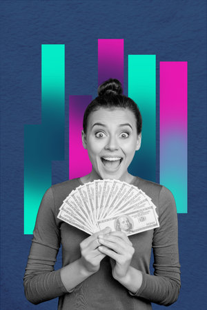 Template sketch image composite artwork collage of trade income finance bank economy young lady hand hold cash success smile emoji faceの写真素材
