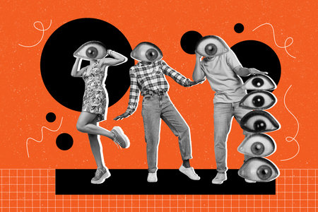 Photo cartoon comics sketch collage of three abonym girls guy instead head eyeball look spy avatar control watch eyesight viewの写真素材