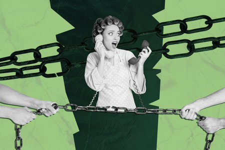 Contemporary poster trend art collage of shocked girl housemaid speak telephone handset multitask client service chain pull hands trapの写真素材
