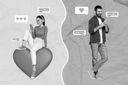 Artwork magazine collage picture of charming lady guy communicating modern devices isolated drawing backgroundの写真素材