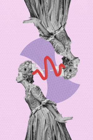 Creative sketch collage of happy duchess girl stand profile pouted lips kiss feelings royal dress princess wig hairdo medievalの写真素材