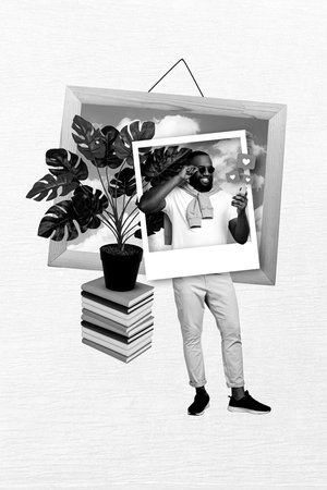 Creative photo 3d collage artwork of influencer chatting instagram facebook twitter followers review...