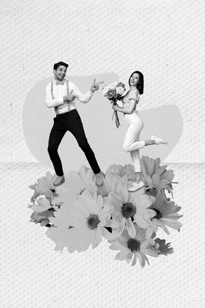 Creative photo 3d collage artwork poster postcard of happy people spending time together celebrate holiday isolated on painting backgroundの写真素材