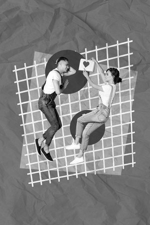 Photo artwork minimal collage picture of dreamy cute couple lying enjoying good love book isolated drawing backgroundの写真素材