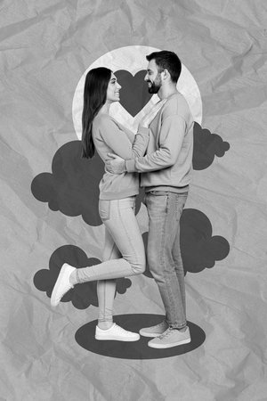 Vertical collage portrait of two cheerful peaceful people black white colors hug look each other isolated on creative backgroundの写真素材