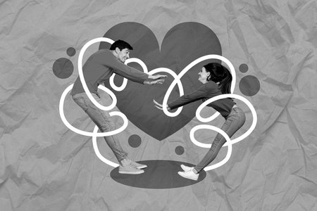 Photo collage artwork minimal picture of happy smiling funny couple jumping making bodies heart isolated drawing backgroundの写真素材