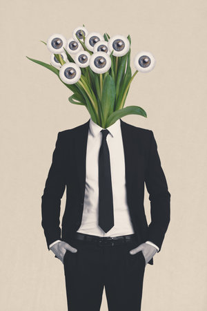 Vertical art banner collage of anonym man wear formal suit instead head leaves eyeball stare observer spy eyes look psychedelicの写真素材