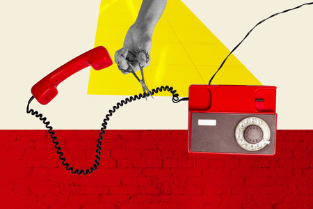 Contemporary poster art collage of hand hold scissors cut retro telephone handset cable telecommunication problem repairの写真素材