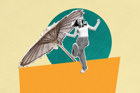 Contemporary poster trend art collage of excited girl dance summer resort umbrella party motion autumn fall season rain cycloneの写真素材