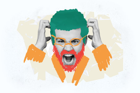 Creative collage young man mental issues scream shout annoyed irritated outraged reaction painted...