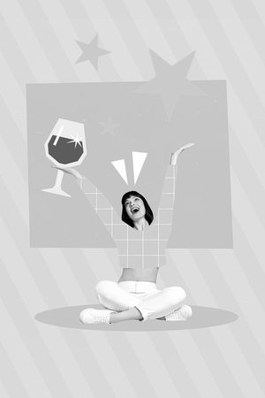 Photo artwork minimal collage picture of funky funny lady enjoying alcohol beverage isolated drawing backgroundの写真素材