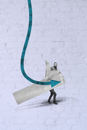 Image vertical art banner collage of happy man half body hand show like gesture arrow development pointer progress aim on gray backgroundの写真素材