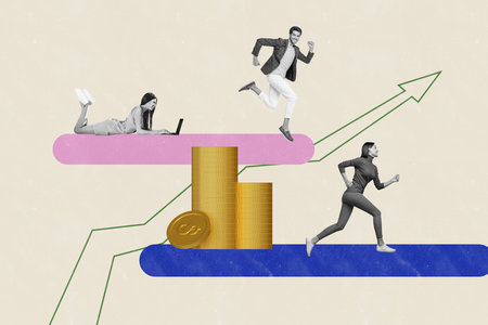 3d sketch poster trend collage image of three happy girls guy run arrow pointer coin dollar profit freelancer laptop transactionの写真素材