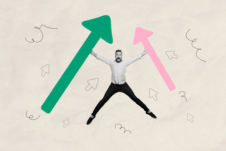 Composite art 3d creative image collage of excited businessman jump arrow development progress concept winner career growthの写真素材