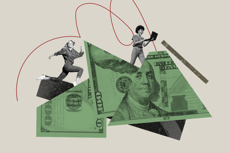 Creative photo poster collage image of two happy girls business colleagues run dollar banknotes surf laptop freelancer incomeの写真素材