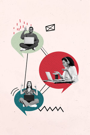 Composite trend artwork sketch image 3D collage of team friends colleagues meeting online remote laptop three young lady sit speech cloudの写真素材