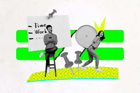 Composite trend artwork sketch image photo collage of young guy type smartphone lady office coworking sit chair clock time deadline walkの写真素材