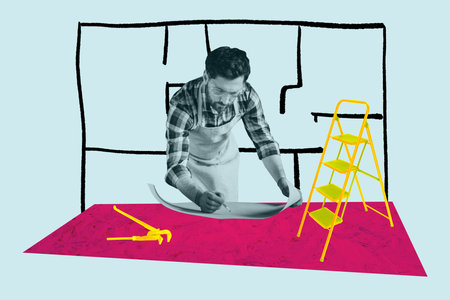 Contemporary poster art collage of serious handyman wear goggles draw project paper sheet pencil ladder tool repair processの写真素材