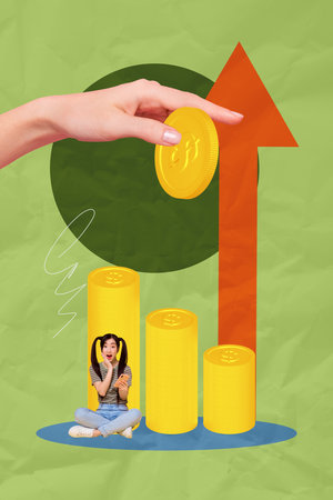 Template sketch image composite artwork collage of salary rich bank trade target stats analyzing goal young lady sit wow face smartphoneの写真素材
