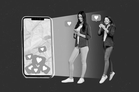 Creative 3d photo collage artwork graphics painting of two girlfriends chatting instagram twitter telegram isolated drawing backgroundの写真素材
