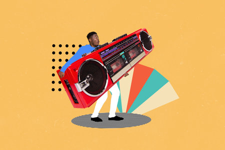 3D collage trend artwork composite sketch poster of young guy stand hand hold big boombox nightclub rest occasion weekend entertainmentの写真素材