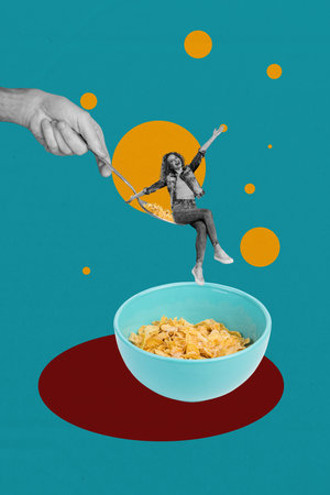 Poster trend sketch template 3D photo collage of small young lady sit huge spoon hand hold dish...