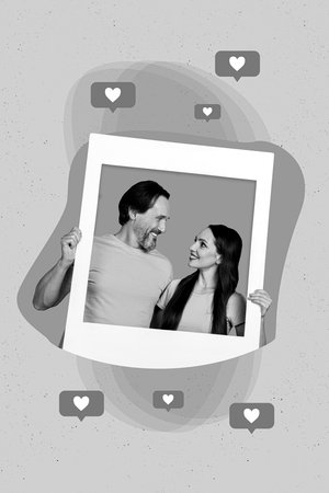 Collage artwork graphics picture of sweet cute couple tacking photo 14 february isolated painting...