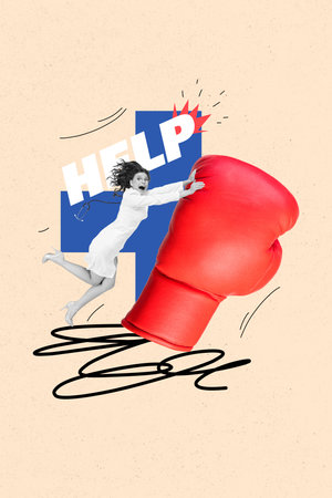 Vertical art banner collage of excited girl nurse fly boxer glove virus battle protection virus treatment concept help covid fightの写真素材