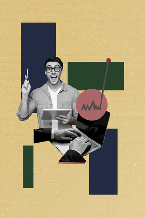Trend artwork sketch design montage 3D collage of young guy hold pen idea creative hand type laptop hr recruitment worker office hiringの写真素材