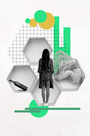 Template collage design trend artwork sketch of young woman stand back bottle wine glass pollution debris ecological problem save planetの写真素材