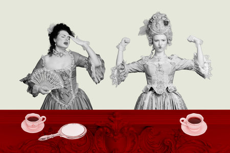 Contemporary poster trend collage of two dissatisfied girls friends meetings show biceps hold head herbal tea beverage fan migraineの写真素材