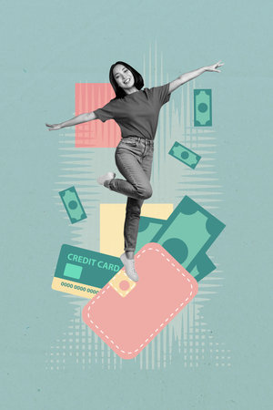 Composite trend artwork sketch image photo collage of business money bank credit card economy pocket young lady stand spread hands balanceの写真素材