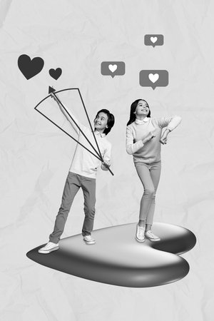 Photo collage cartoon comics sketch picture of carefree little children cupids isolated drawing backgroundの写真素材