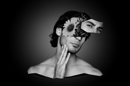 Beauty poster collage of masculine virile guy touch chin face apply natural bio flower beauty shave lotion on black color backgroundの写真素材