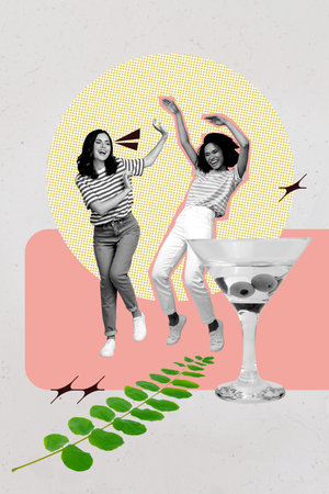 Composite trend artwork sketch image collage of two happy girls dance pub party celebration martini glass cocktail event friday restの写真素材