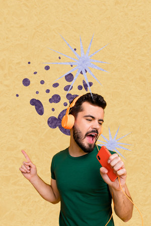 Creative artwork template sketch image collage of young guy hold smartphone microphone headphones...
